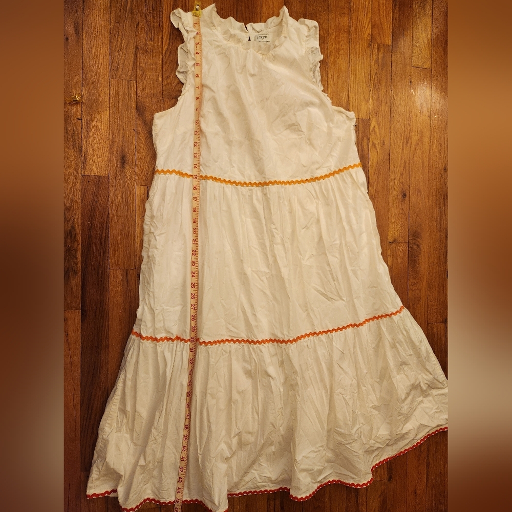 J Crew White Tiered Ruffle Sleeve Midi Dress Lined Pink Orange Red Trim Size 16
